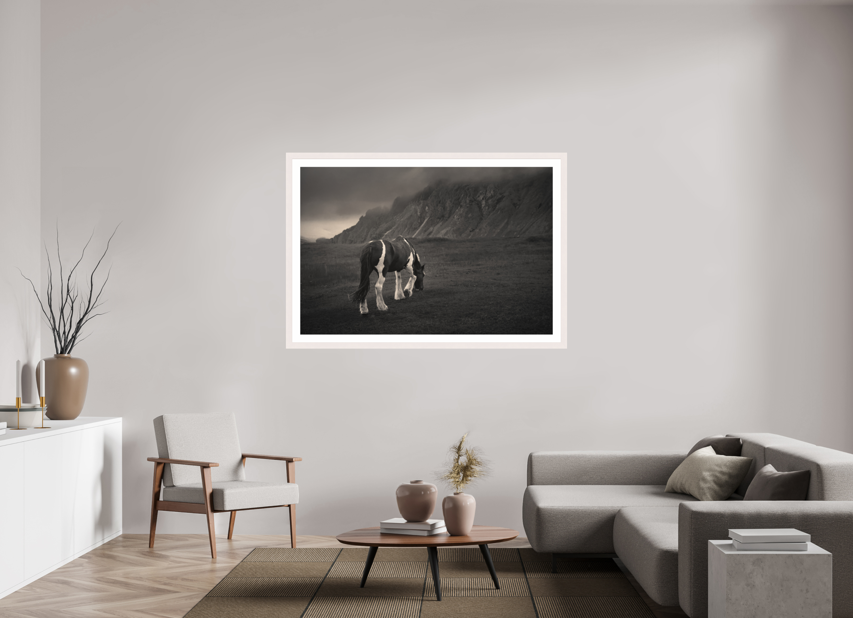 60 x 40″, Exhibition White Maple Frame + Border Unbothered