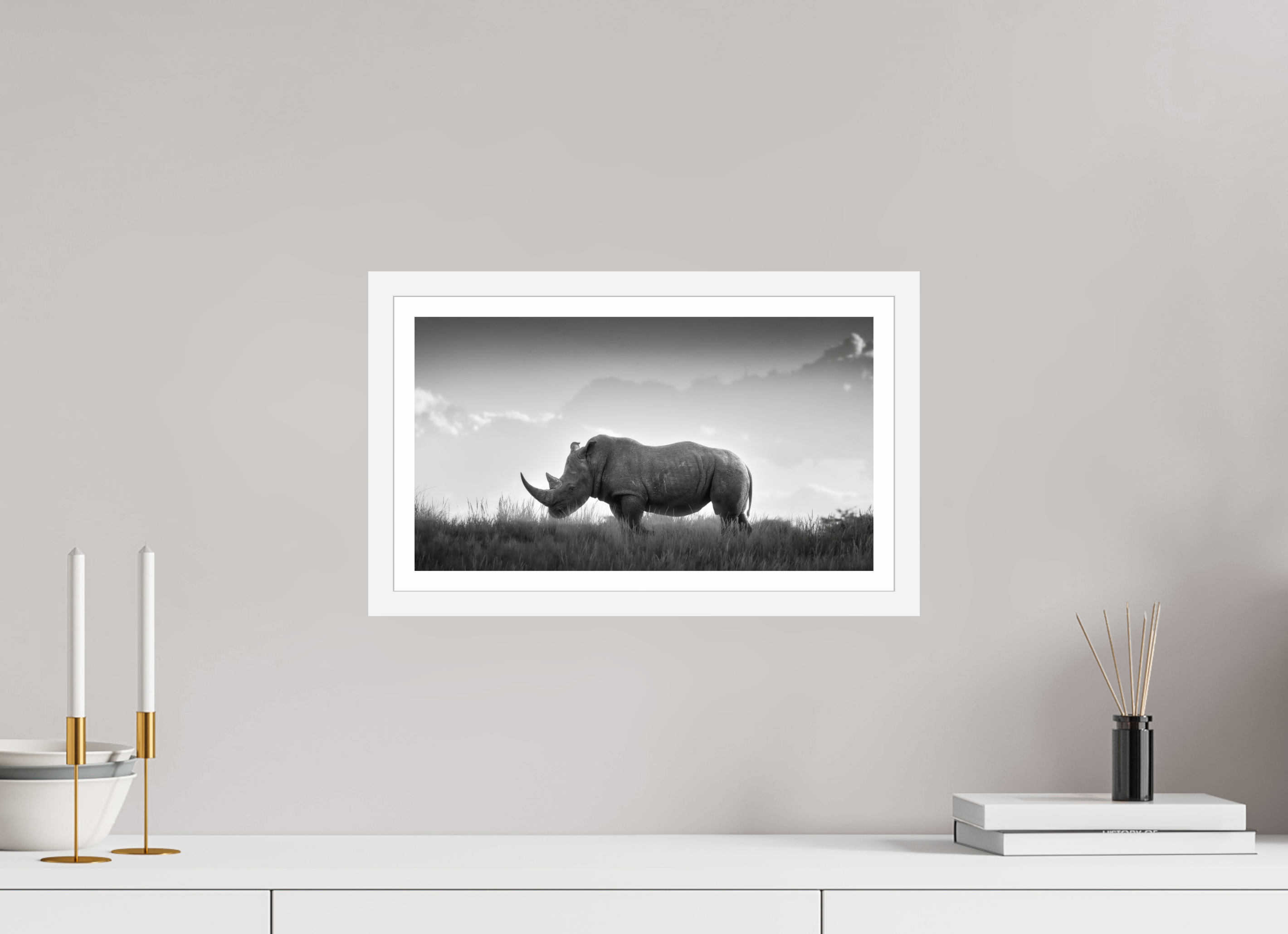 16 x 9″, S+M White Frame + Border ANCIENT GRAVITY