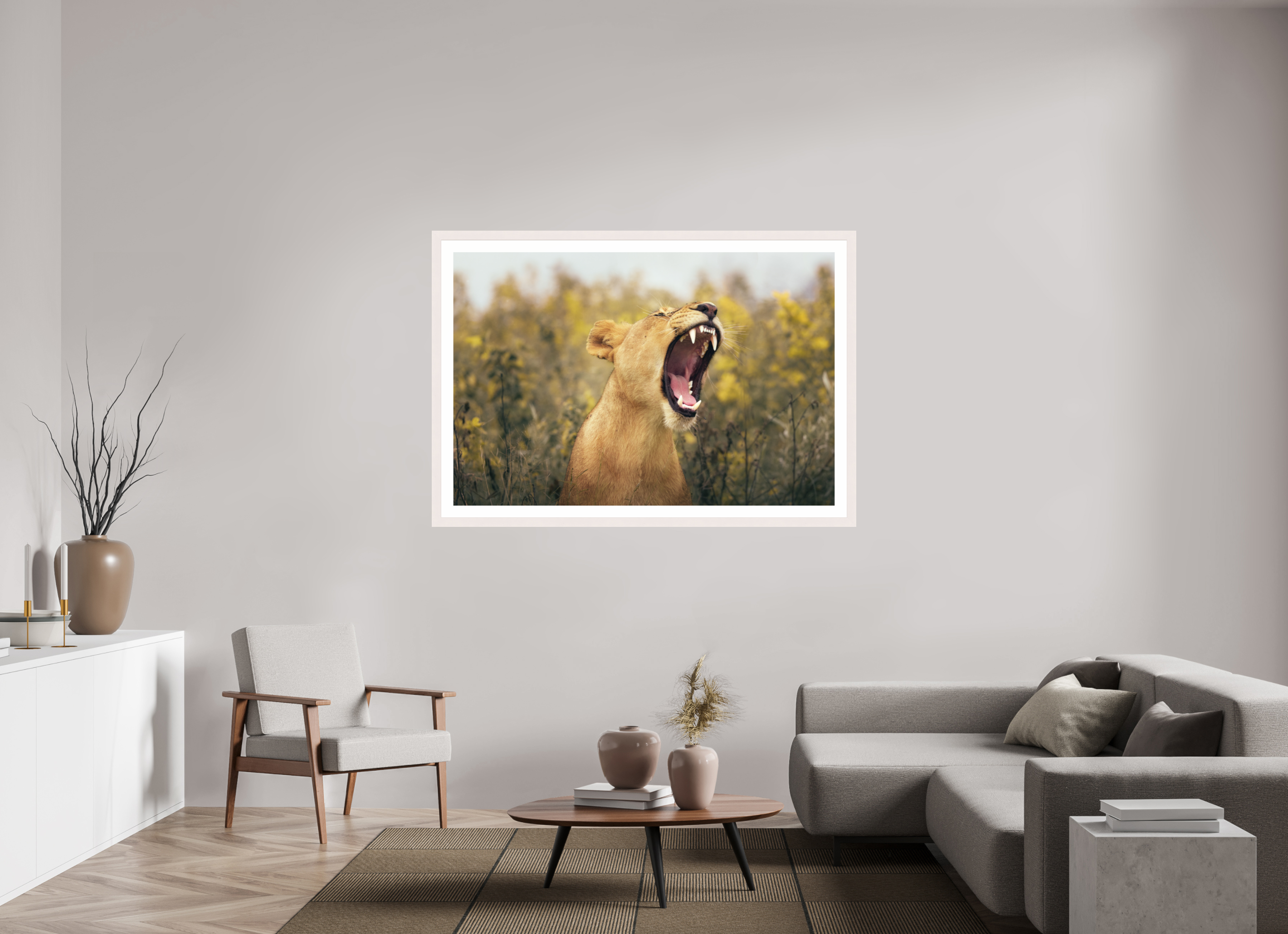 60 x 40″, Exhibition White Maple Frame + Border UNCONTAINED